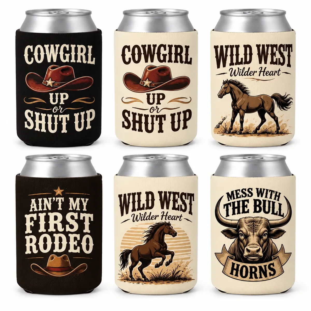 Cowgirl & Rodeo Sayings: six assorted premium neoprene can koozies