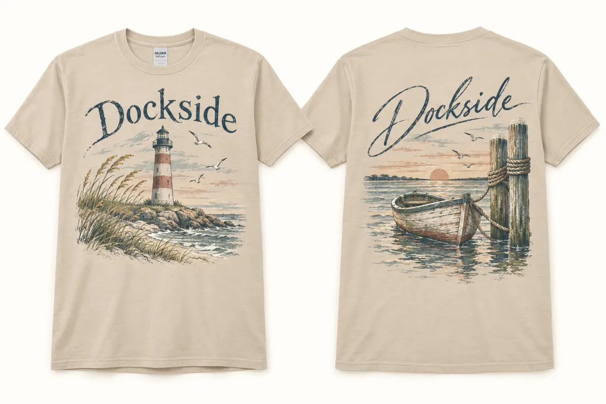 Dockside Lighthouse & Harbor Tee in Sand