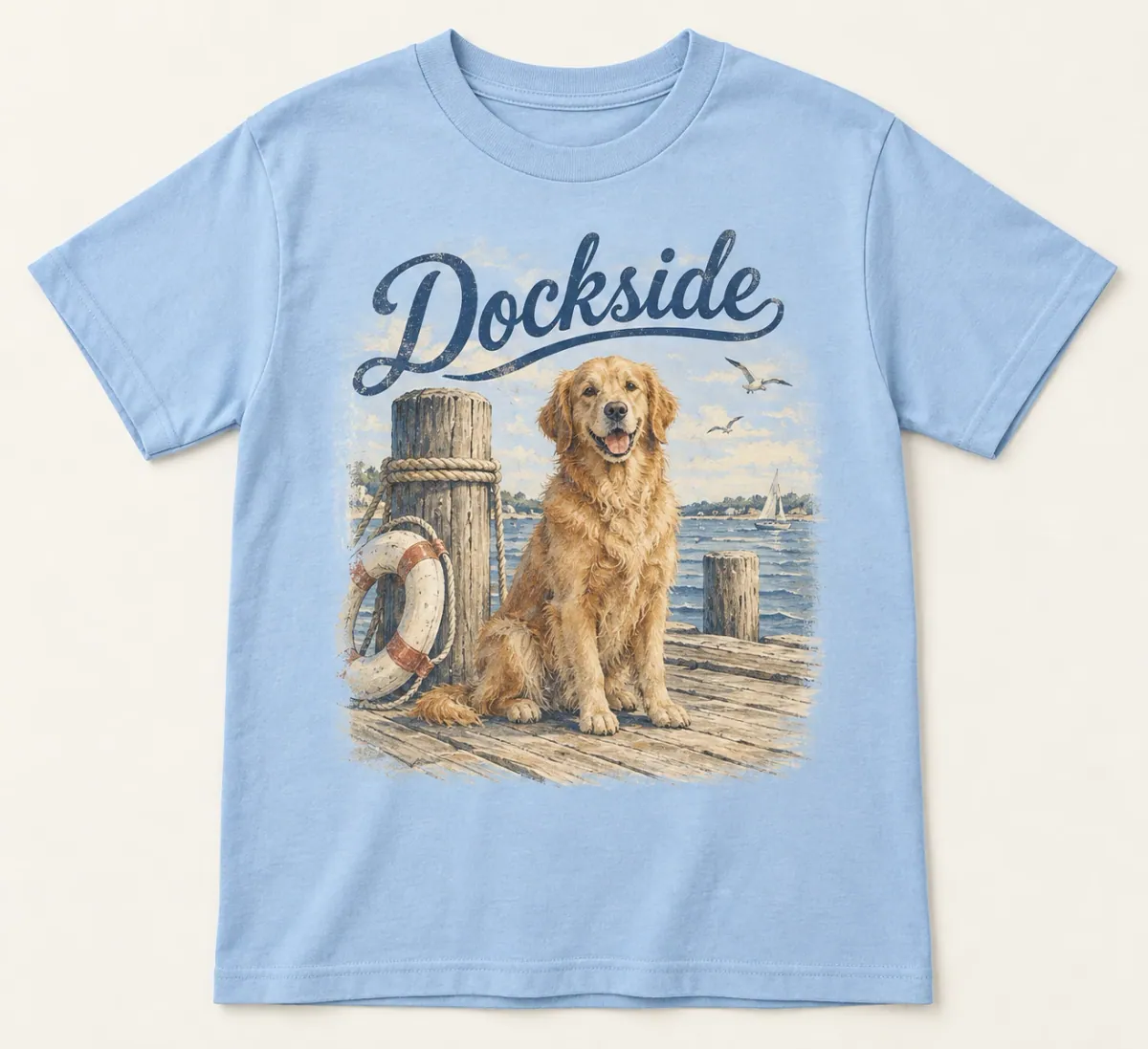 Light Blue Dockside Dock Dog Youth Tee with softly faded coastal illustration and Dockside lettering on the front