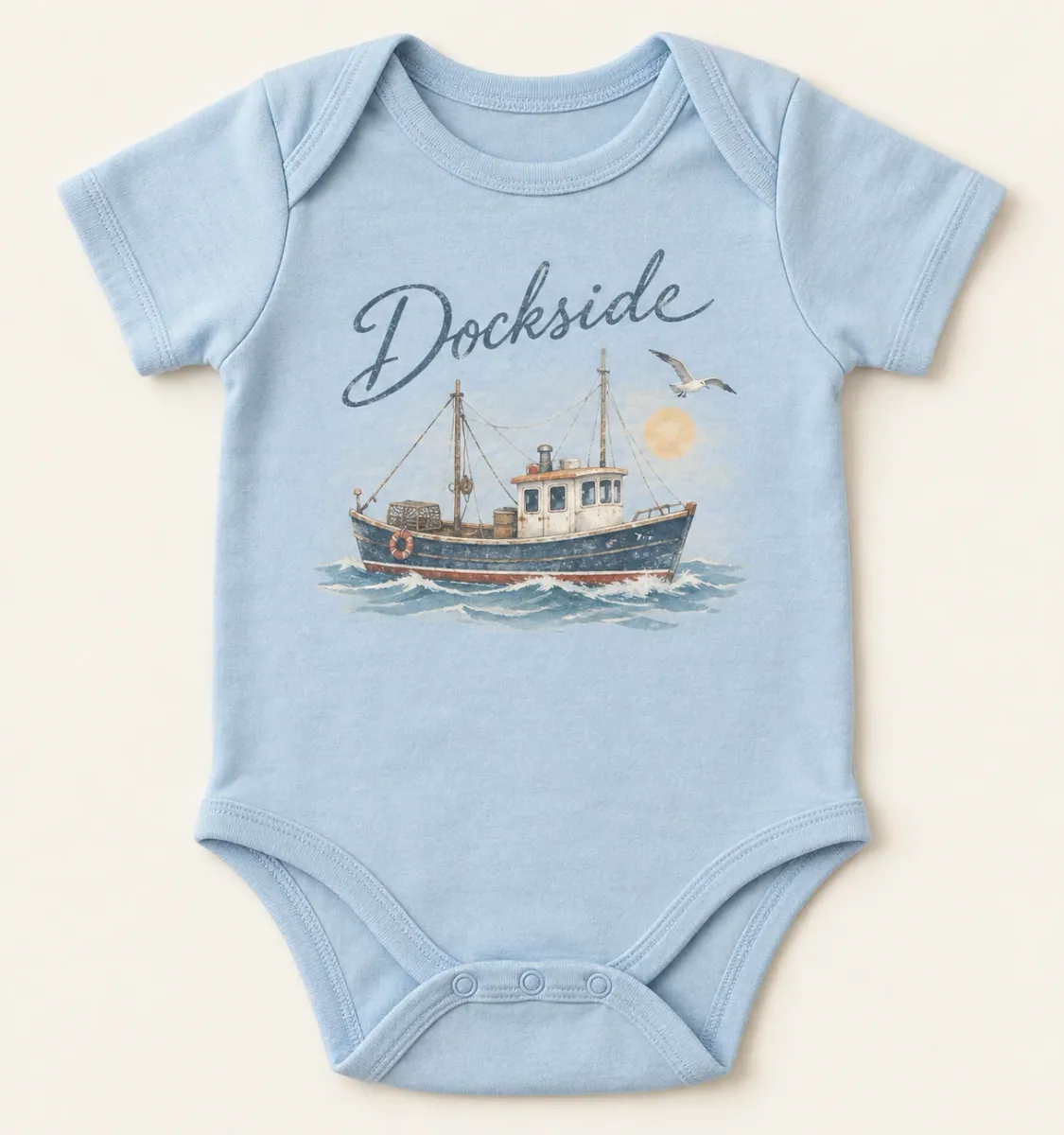 Light Blue Dockside Harbor Boat Infant Bodysuit with softly faded coastal illustration and Dockside lettering on the front