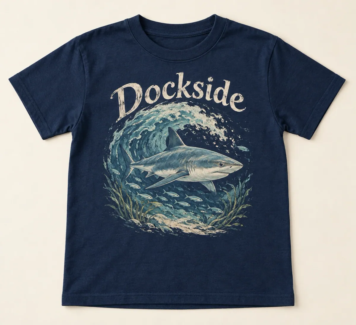 Navy Dockside Reef Shark Youth Tee with softly faded coastal illustration and Dockside lettering on the front