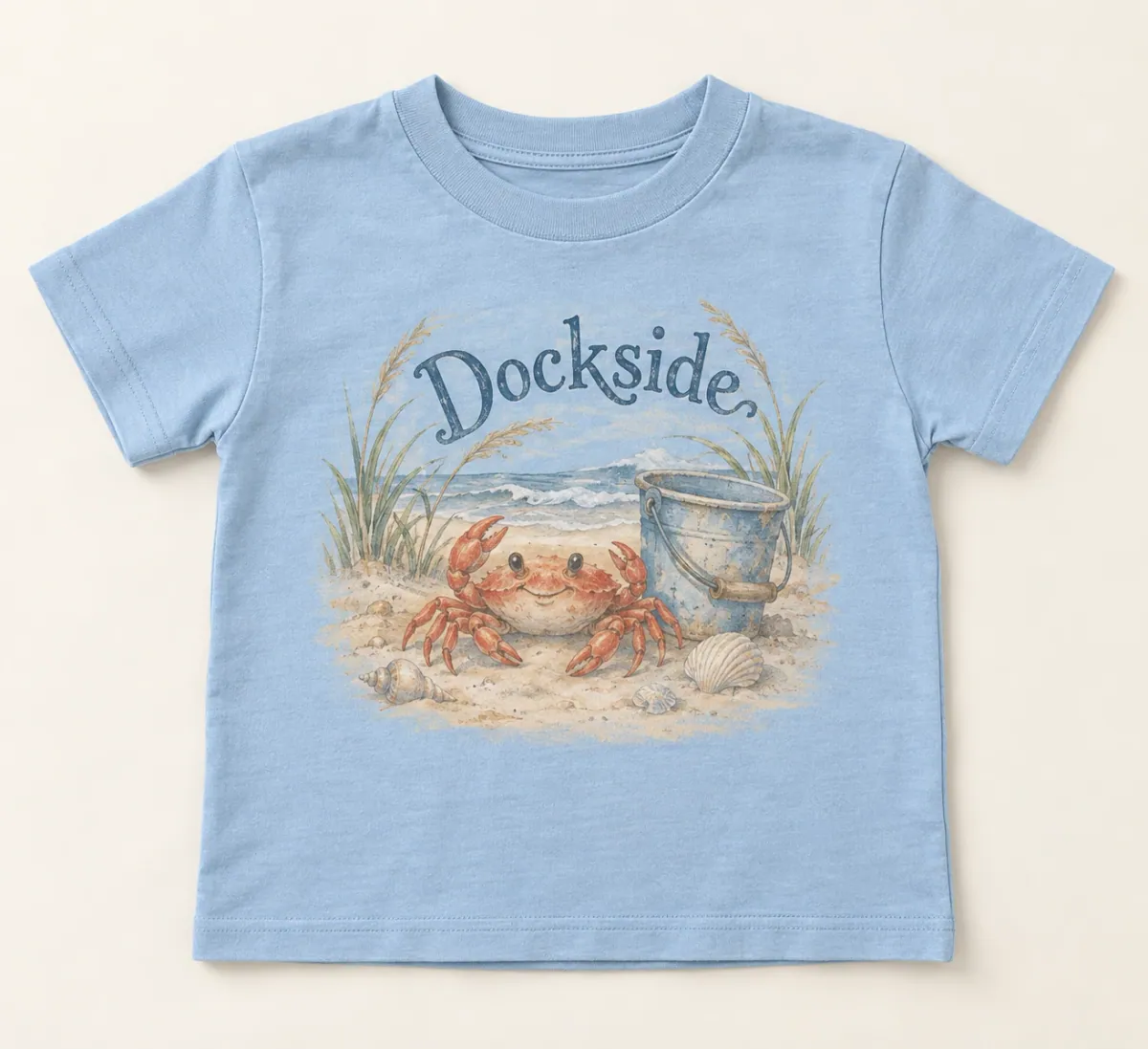 Light Blue Dockside Sand Crab Toddler Tee with softly faded coastal illustration and Dockside lettering on the front