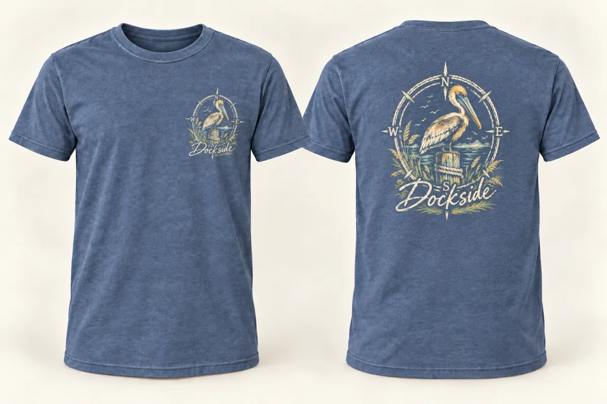 Dockside Coastal Pelican Tee in Heather Indigo