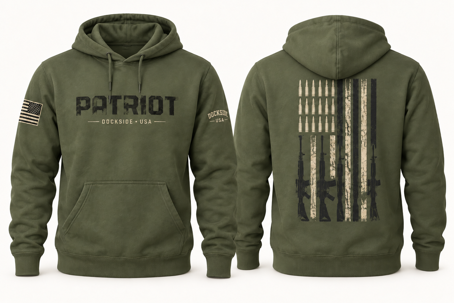 Military green Patriot hoodie, front and back, with a cartridge-and-rifle flag and Dockside sleeve print