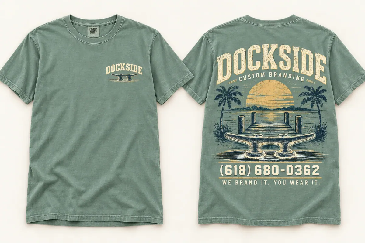 Washed sea-glass Dockside tee showing a small Florida sunset left-chest print and a large tropical Florida back print.