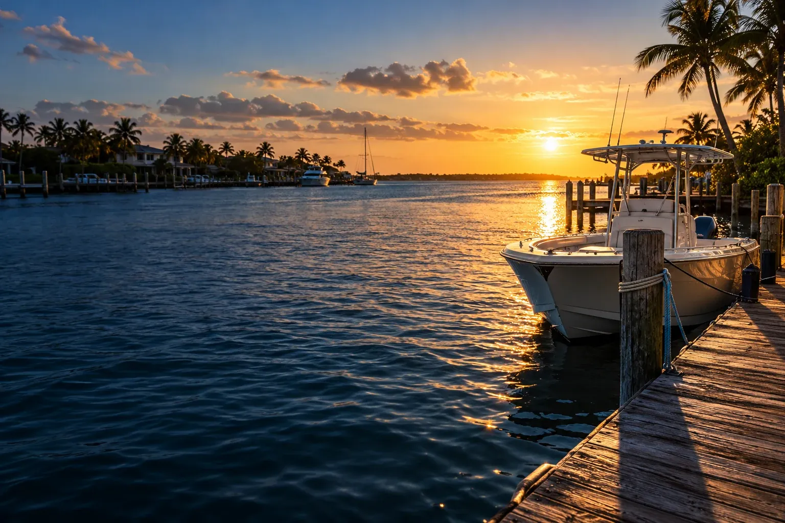 Golden sunlight over a quiet Florida marina