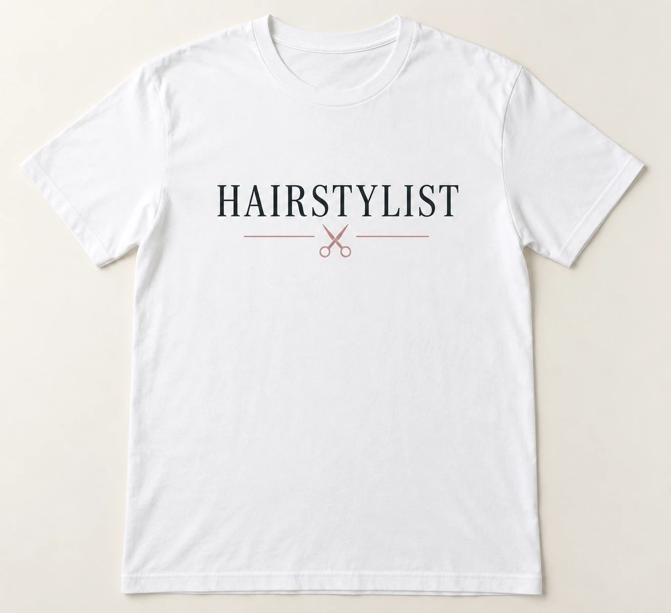 Hairstylist lettering and a small salon scissors icon in charcoal and dusty rose.