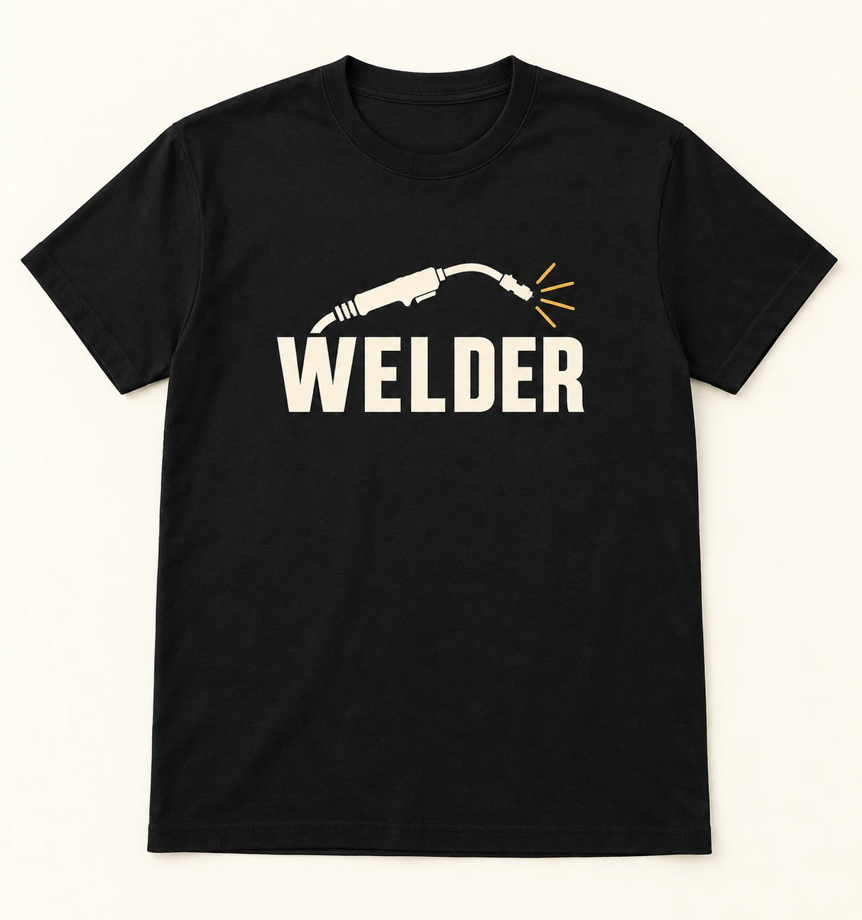 Bold Welder lettering with a small welding torch and amber sparks.