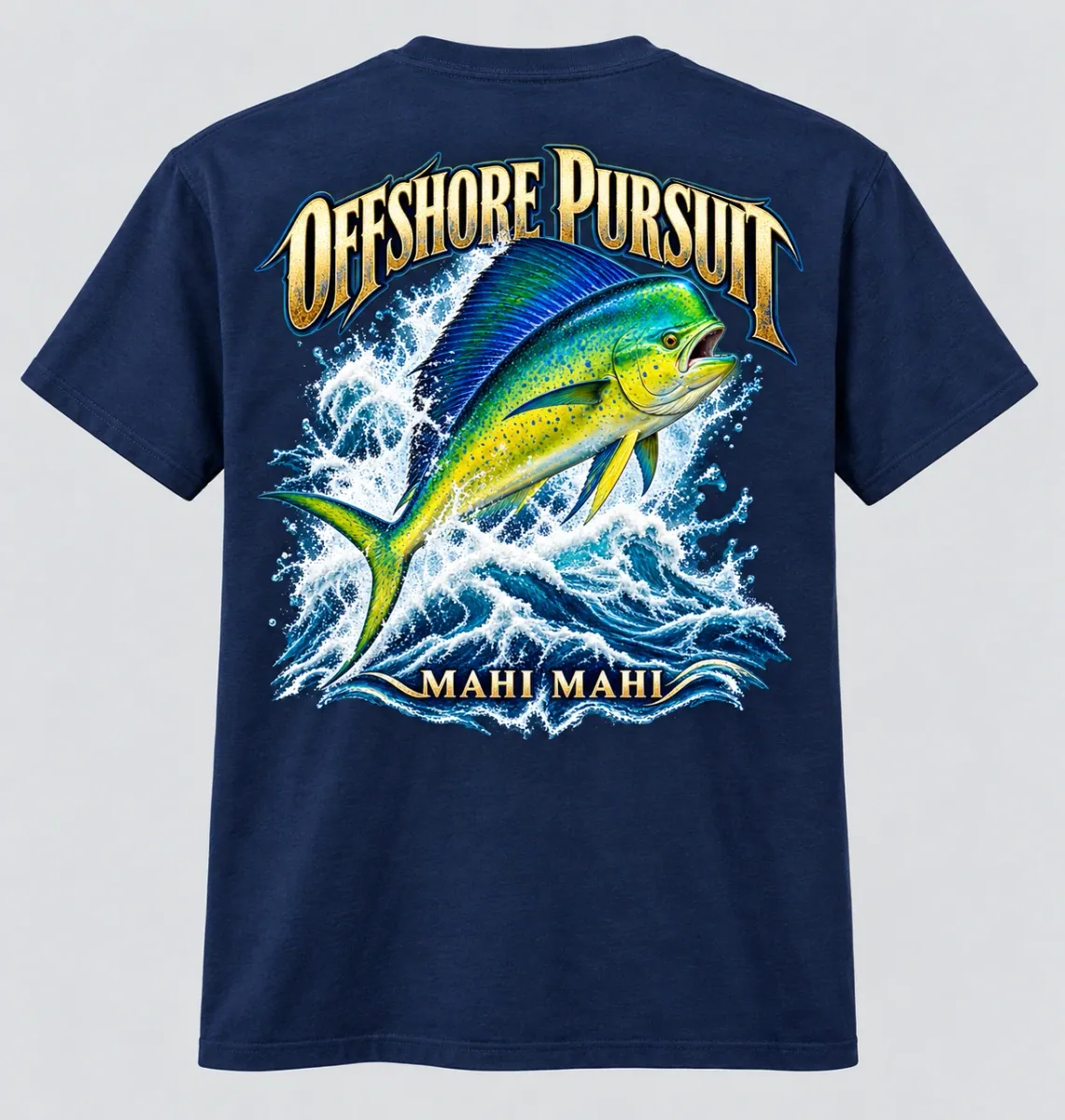 Navy shirt with Offshore Pursuit Men’s Mahi Tee back artwork