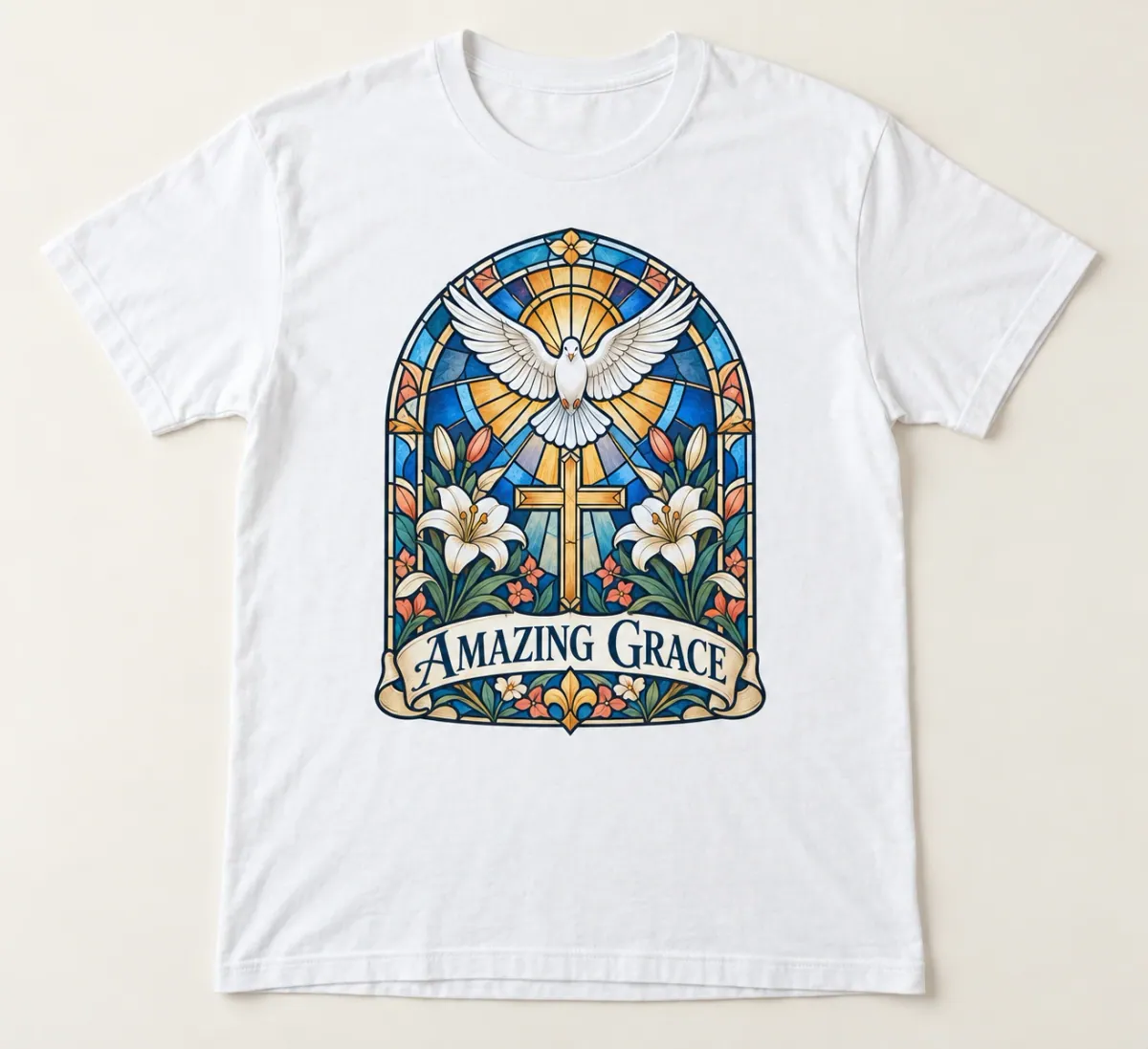 White t-shirts. An arched stained-glass illustration with a dove, cross and lilies, framed by Amazing Grace lettering.