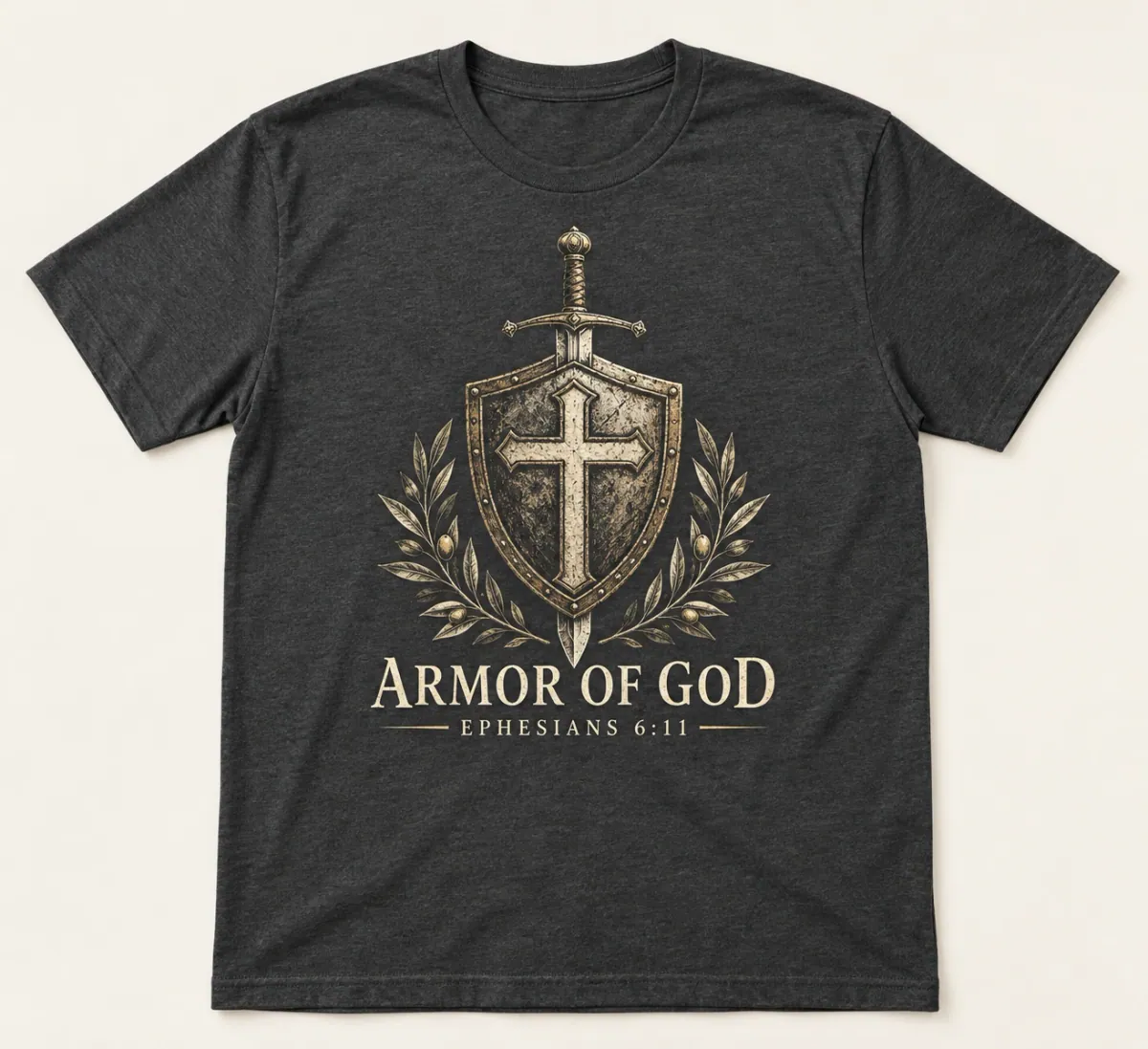 Charcoal t-shirts. A cross-bearing shield, upright sword and olive branches with Armor of God lettering and Ephesians 6:11.