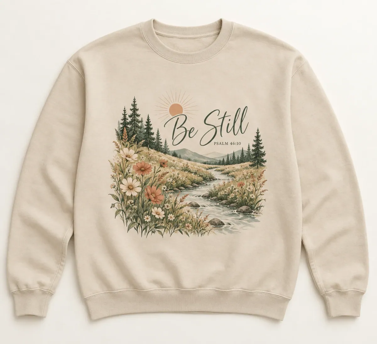 Sand sweatshirts. A quiet meadow creek and airy wildflowers beneath a rising sun, with Be Still lettering and Psalm 46:10.