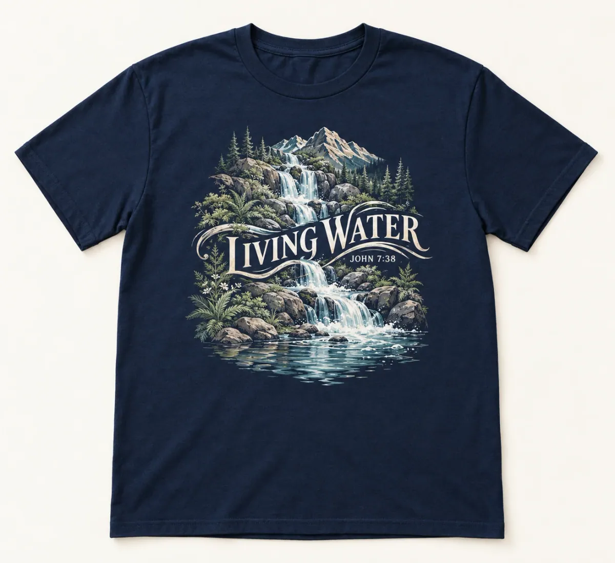 Navy t-shirts. A flowing waterfall, rocky spring and ferns with Living Water lettering and John 7:38.