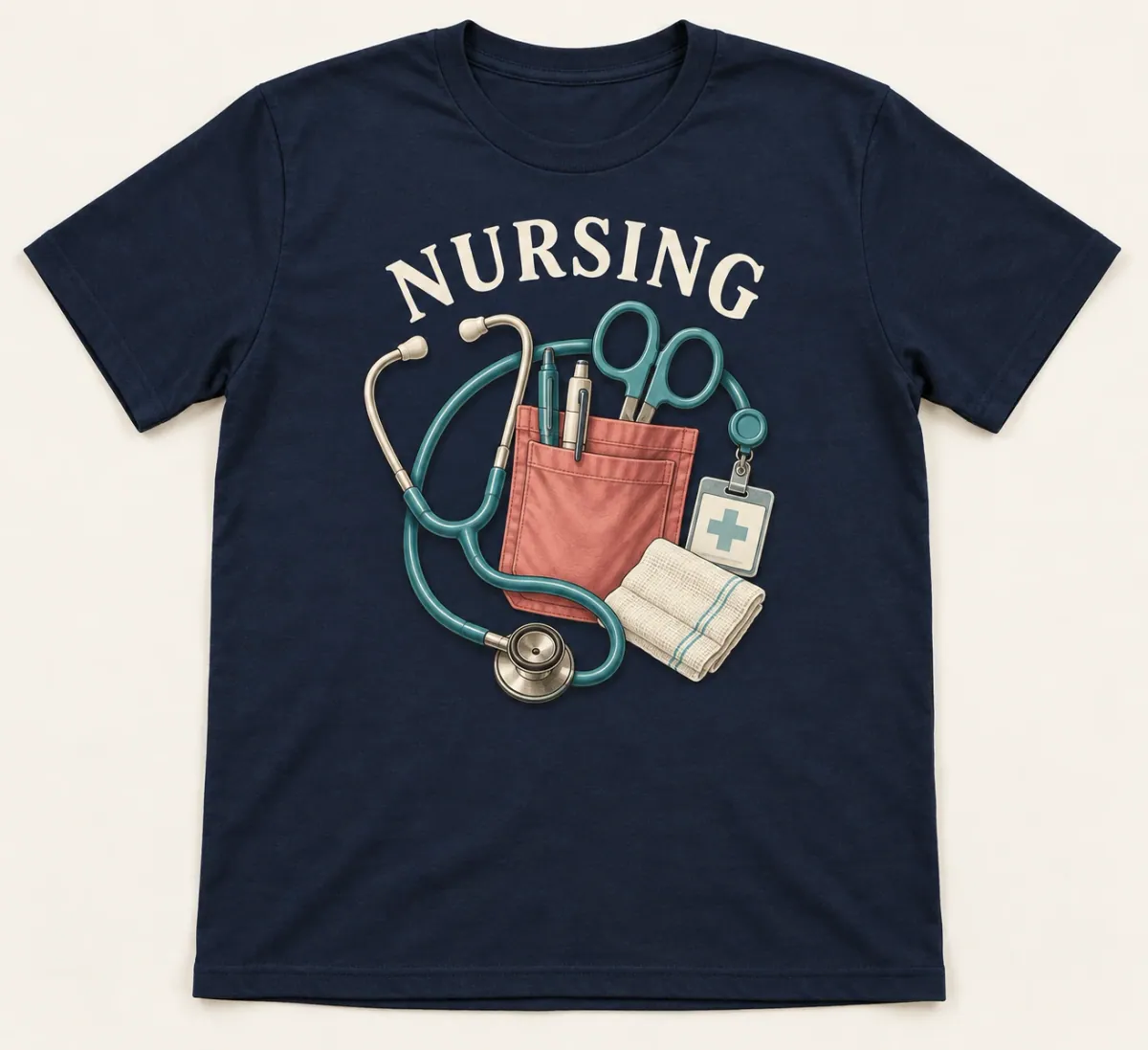 A composed illustration of a stethoscope, scrub pocket, pens, trauma shears, ID badge and gauze, with Nursing lettering.