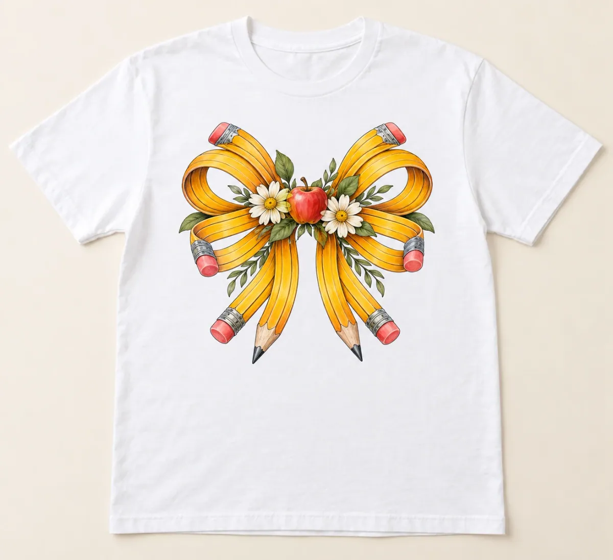 A yellow pencil-striped ribbon bow with pink eraser ends, an apple and daisies. Illustration only.