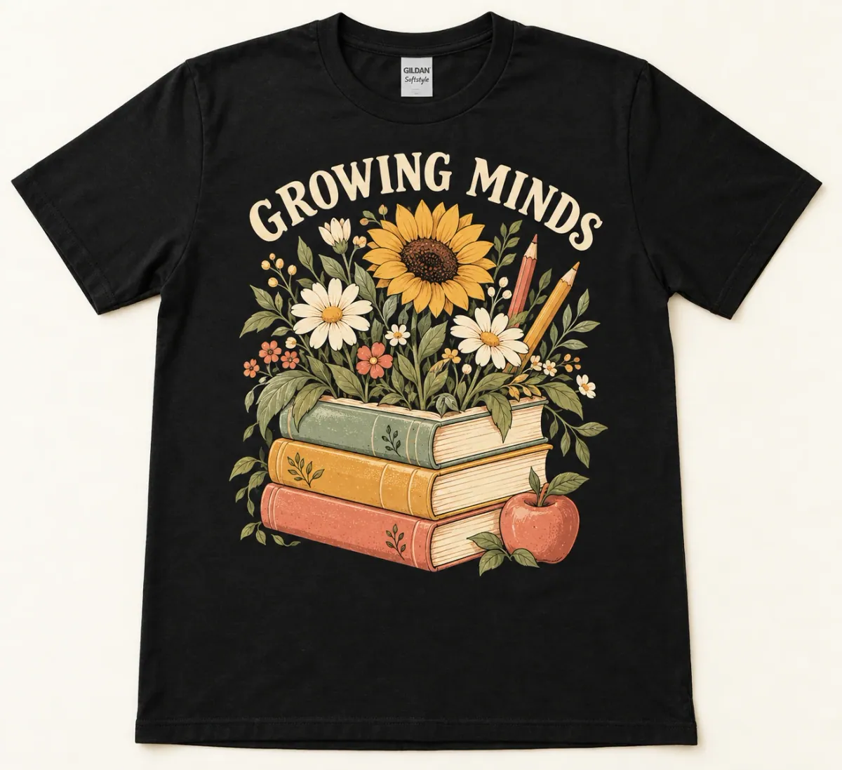 An illustrated stack of schoolbooks blooming with daisies, a sunflower, pencils and leaves, with Growing Minds lettering.