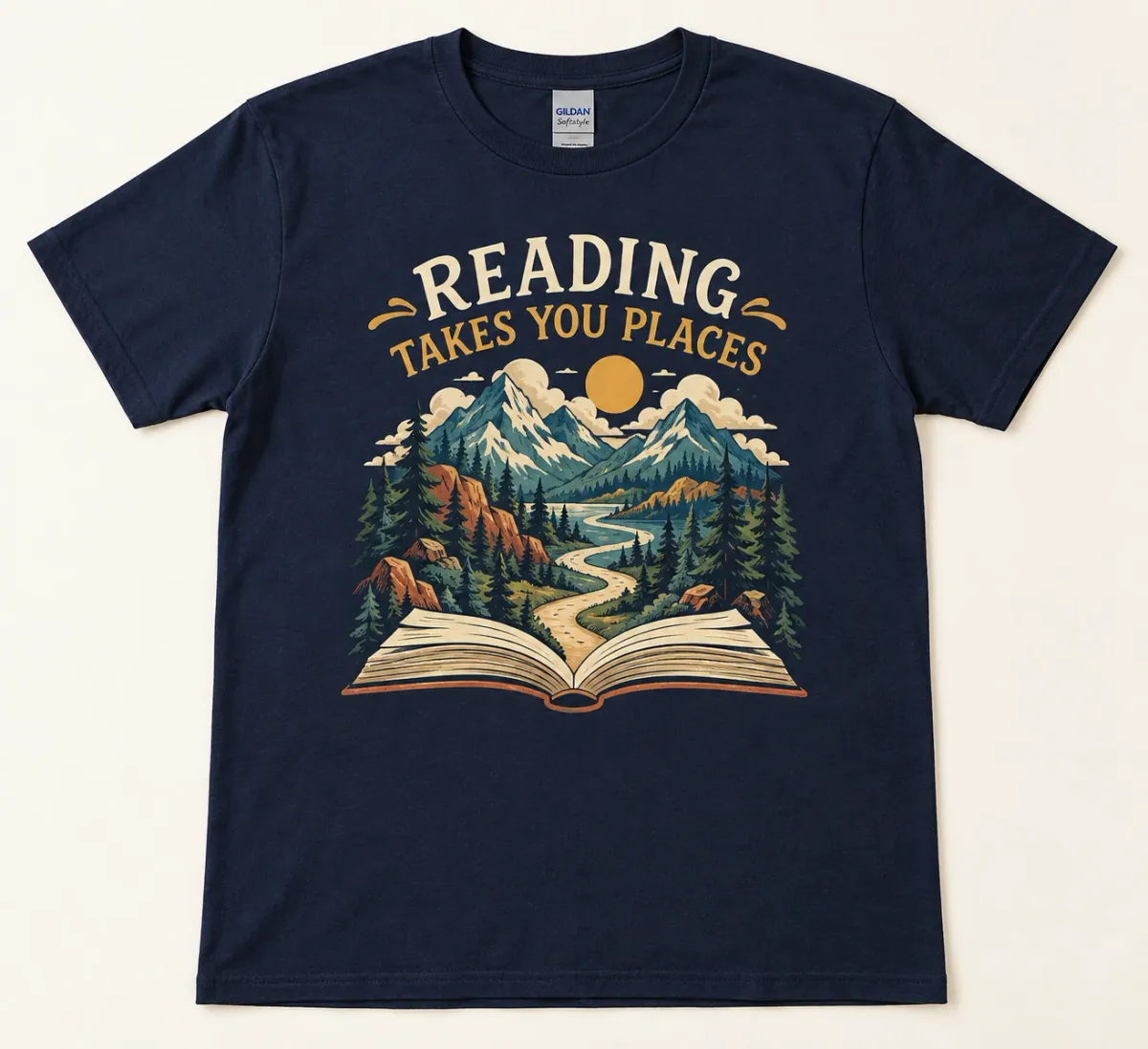 An open book transforms into a winding path through pine-covered mountains beneath a golden sun, with Reading Takes You Places lettering.