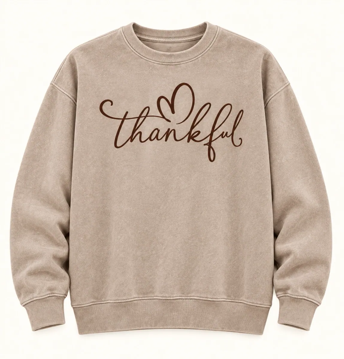 Pigment Sand Independent Trading Co. crewneck sweatshirt with chocolate brown thankful script and open heart on front