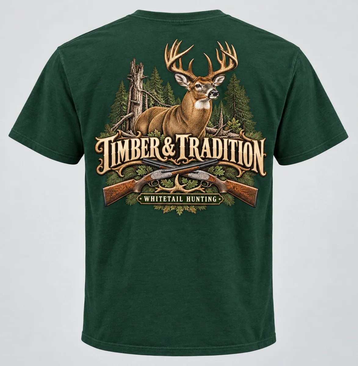 Forest Green shirt with Timber & Tradition Shotgun Whitetail Tee back artwork