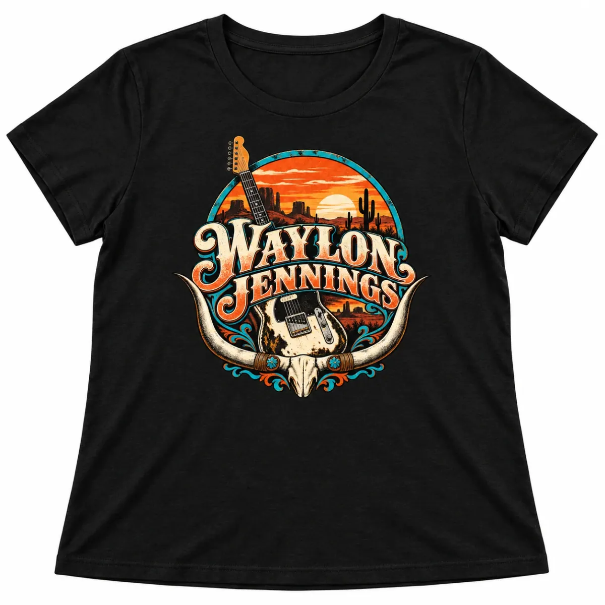 Black tee with original Waylon Jennings tribute artwork: A desert sunset, electric guitar, and steer-horn frame with Waylon Jennings western lettering in ivory, rust, and turquoise.